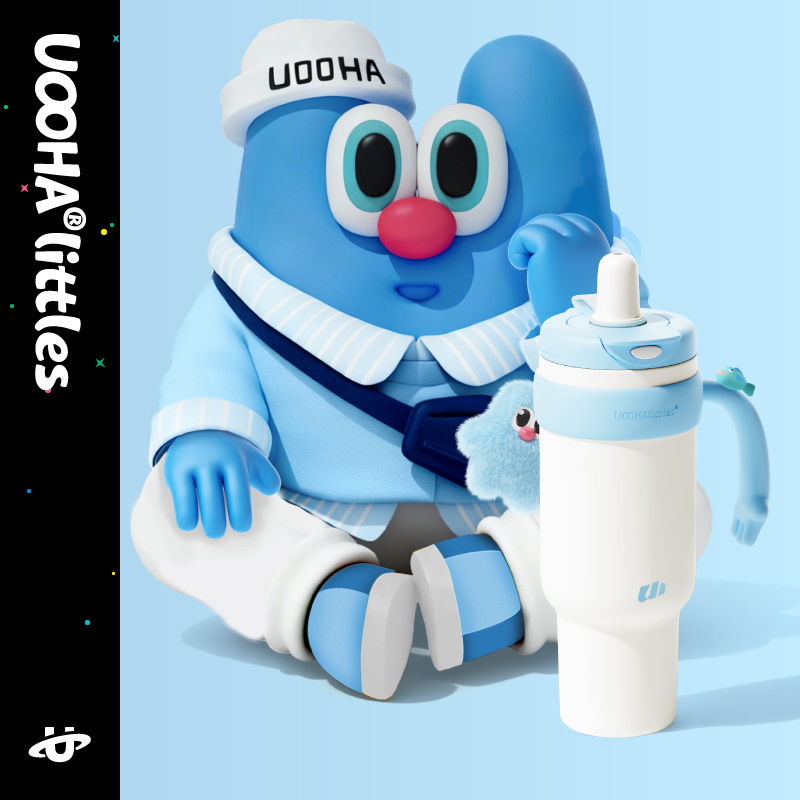 Blue Uooha character seated beside a sky blue handled cup