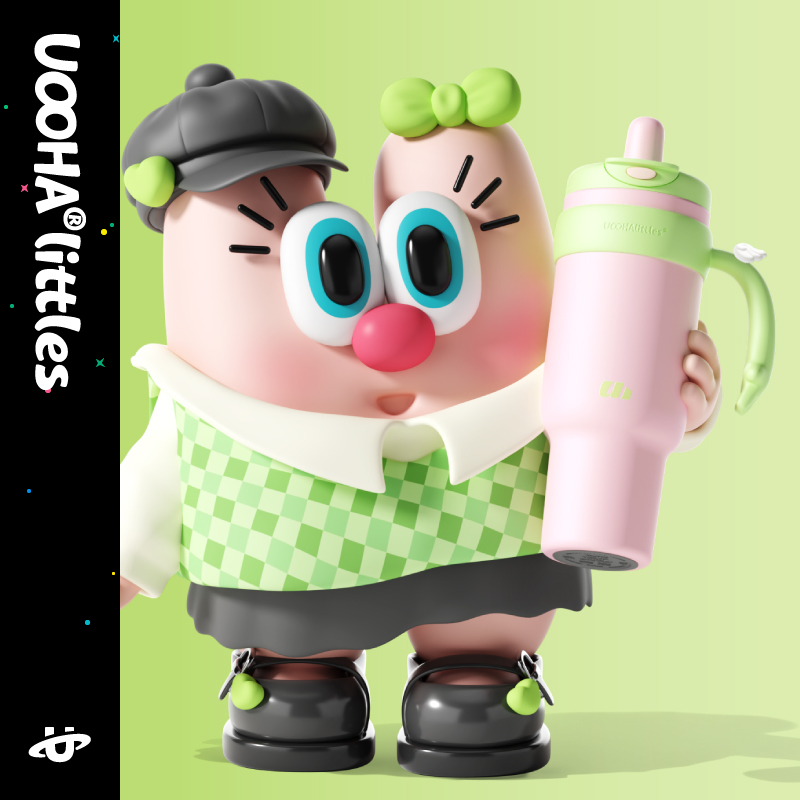 Uooha character holding a pink and green handled cup