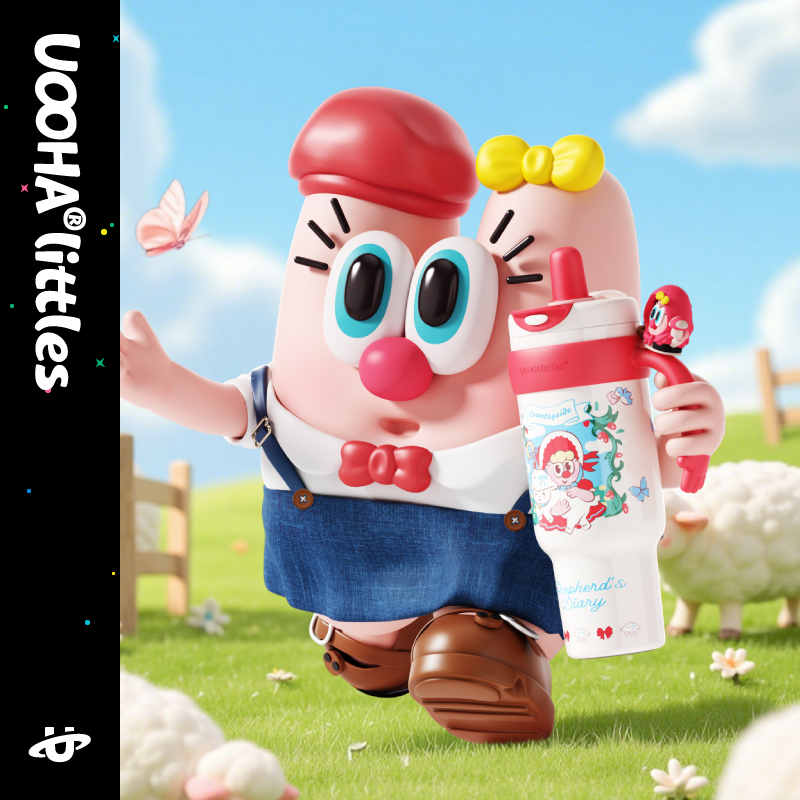 Uooha character carrying an illustrated handled cup outdoors